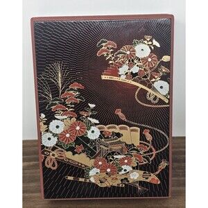 Japanese Lacquerware Vintage Letter Box Fan Floral Japan Used Excellent 7"x5"